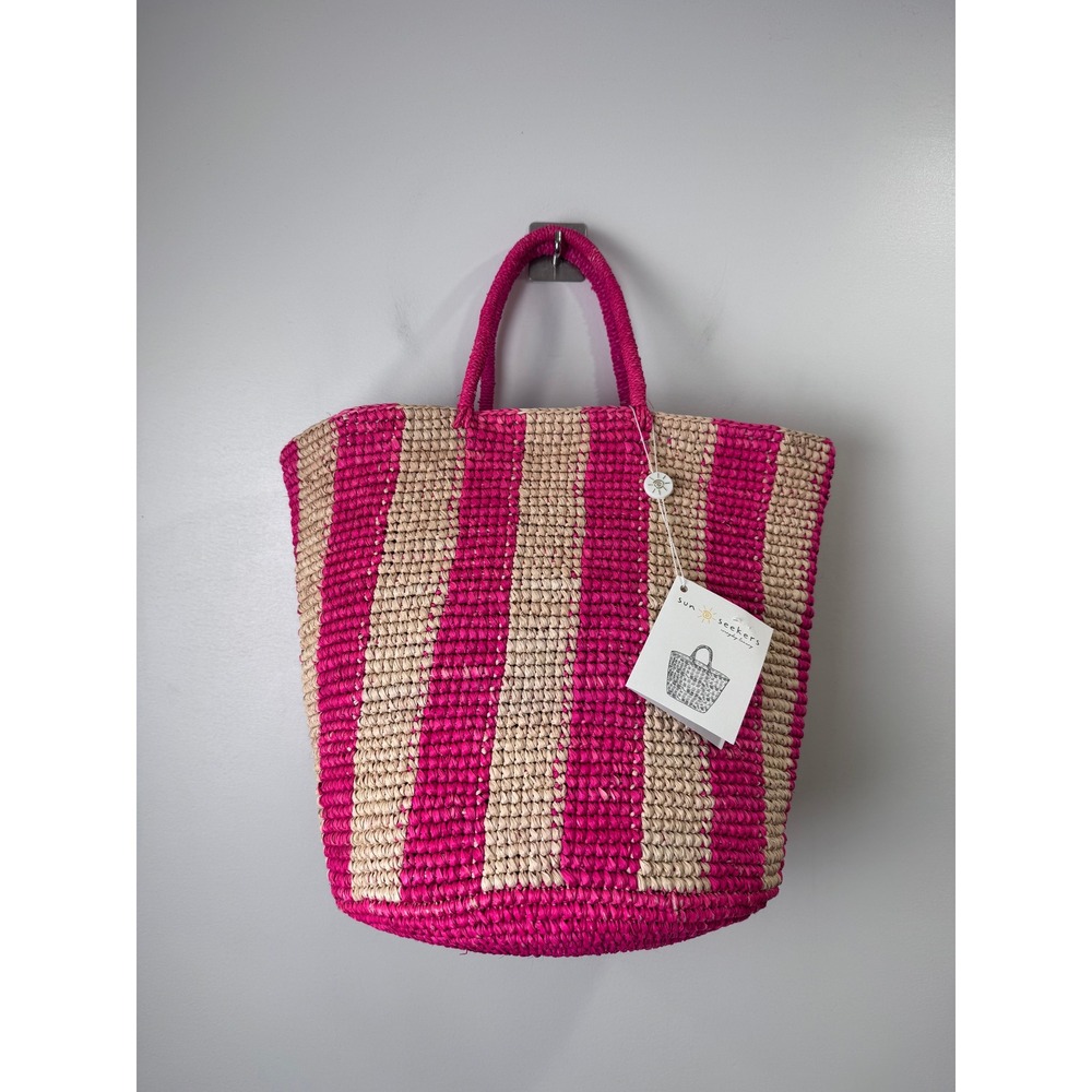 NWT Sunseekers Women Pink Beach Tote Handwoven Toquilla Straw Striped Bag OS
